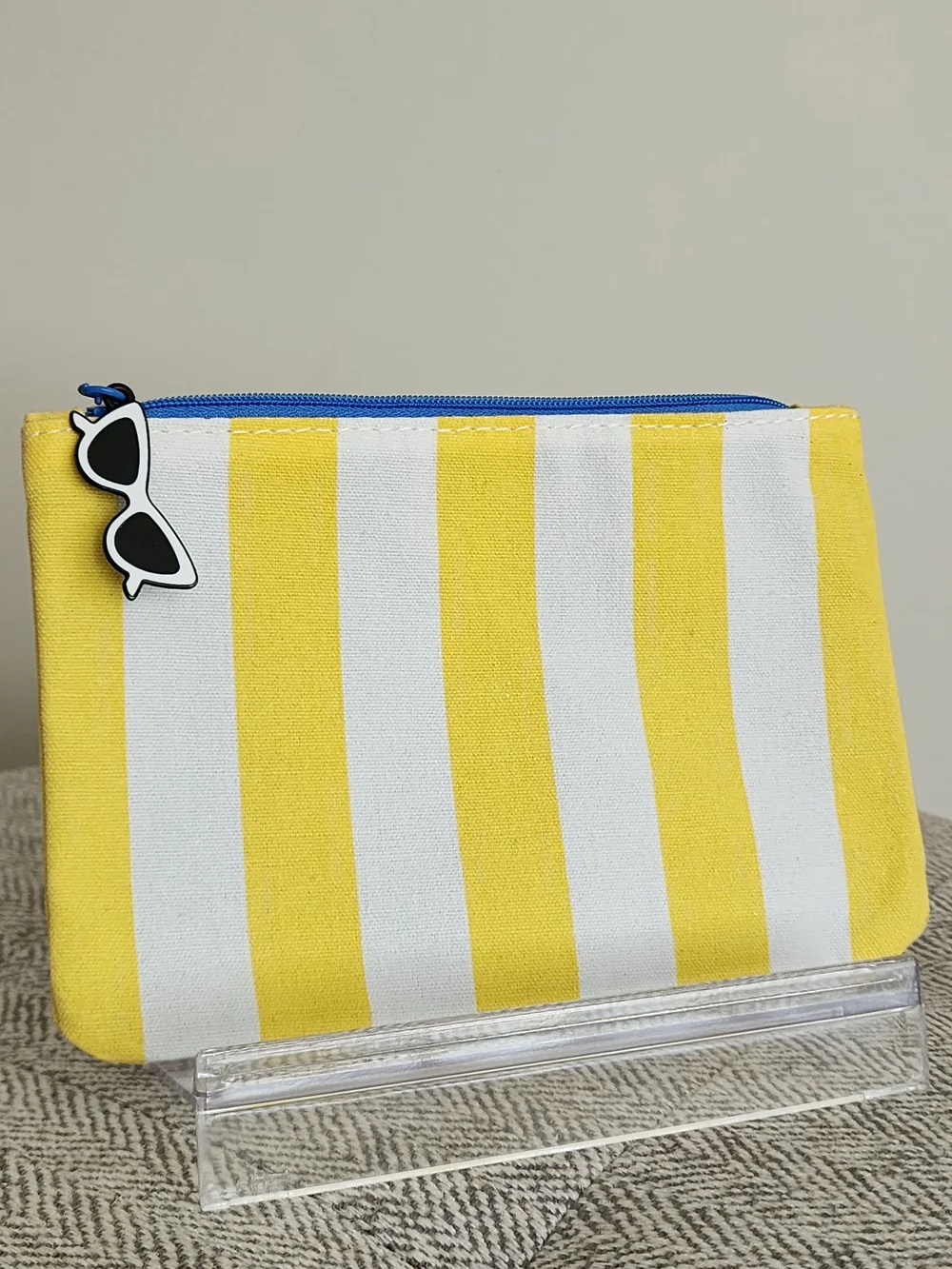 Ipsy Yellow & White Striped Cosmetic Pouch with Sunglasses Charm